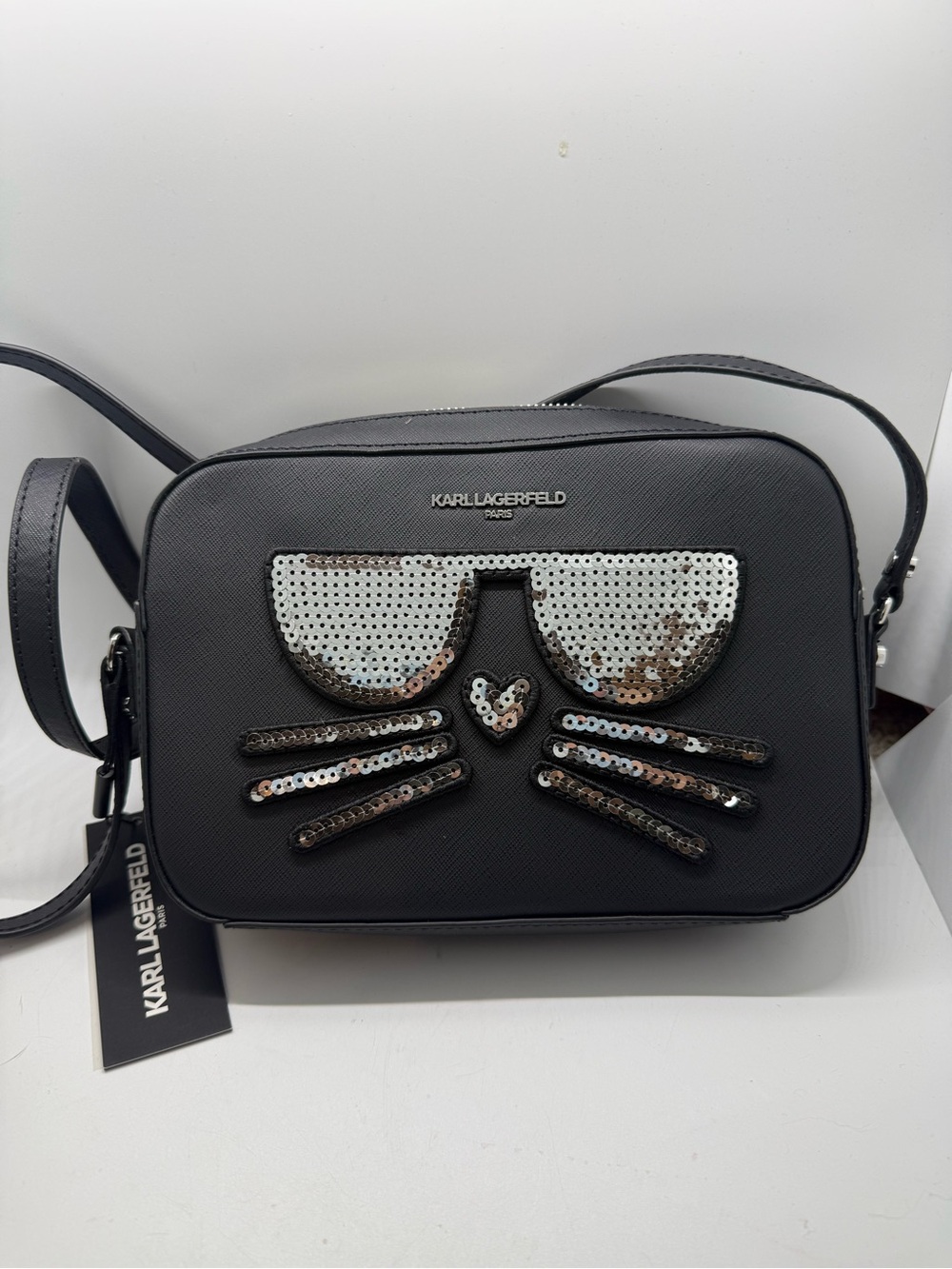 Karl Lagerfeld Black Crossbody Bag with Sequin Cat Motif